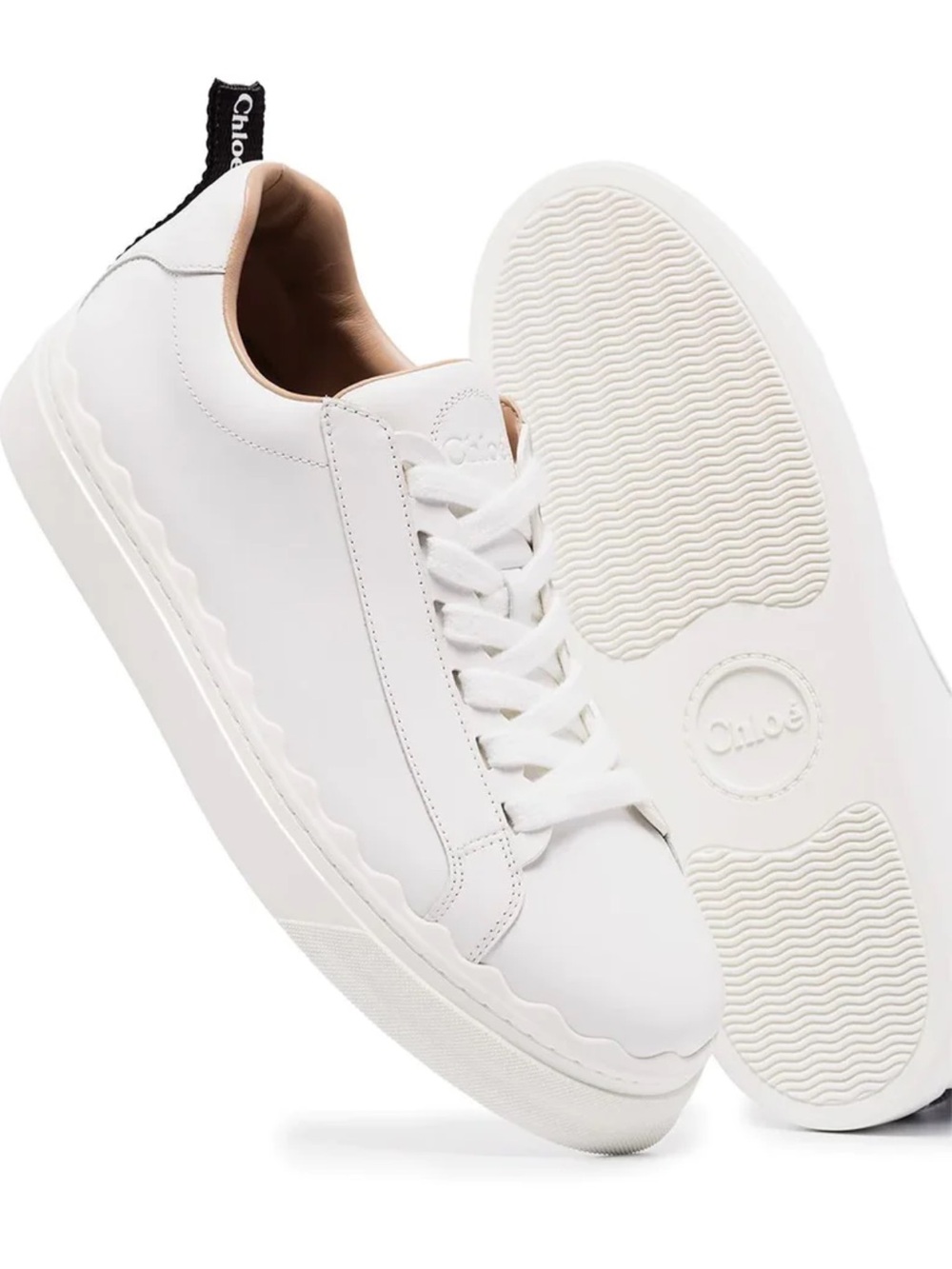 Chloé White Leather Low-Top Sneakers with Black Heel Tab and Tan Lining Size 39